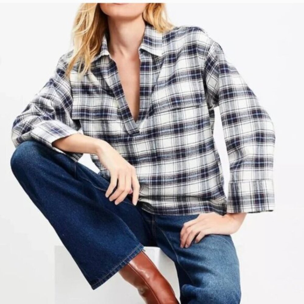 LOFT Plaid Flannel Popover Shirt Women Sz M